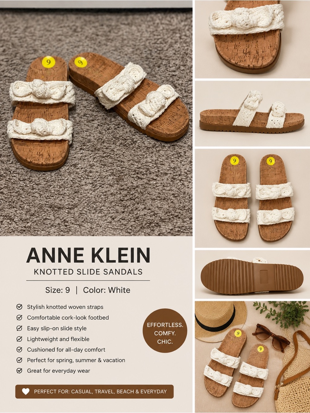 Anne Klein White Knotted Double-Strap Slide Sandals